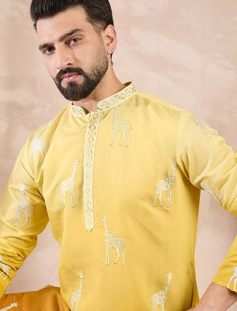 Men yellow silk blend ethnic motifs embroidered straight kurta with trouser