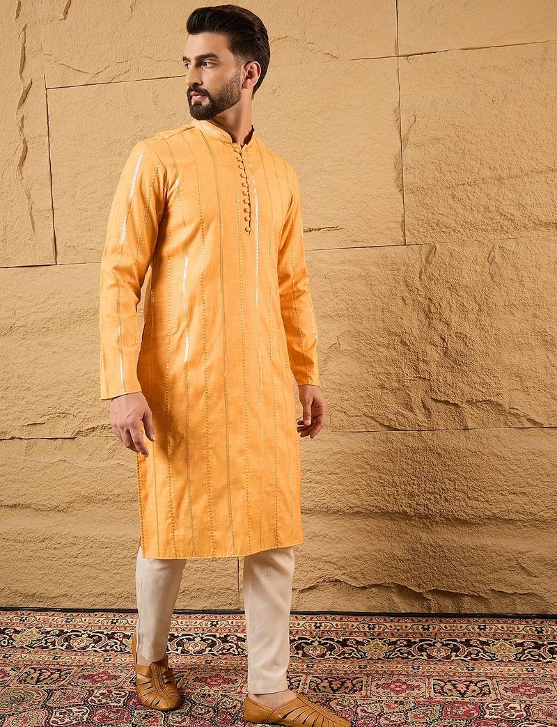 Men yellow cotton solid embroidered straight kurta