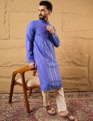 Men blue cotton solid embroidered straight kurta 1