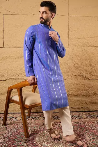 Men blue cotton solid embroidered straight kurta