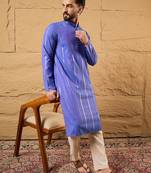 Men blue cotton solid embroidered straight kurta