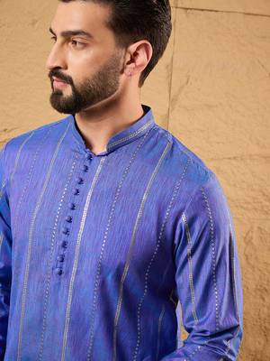 Men blue cotton solid embroidered straight kurta 2