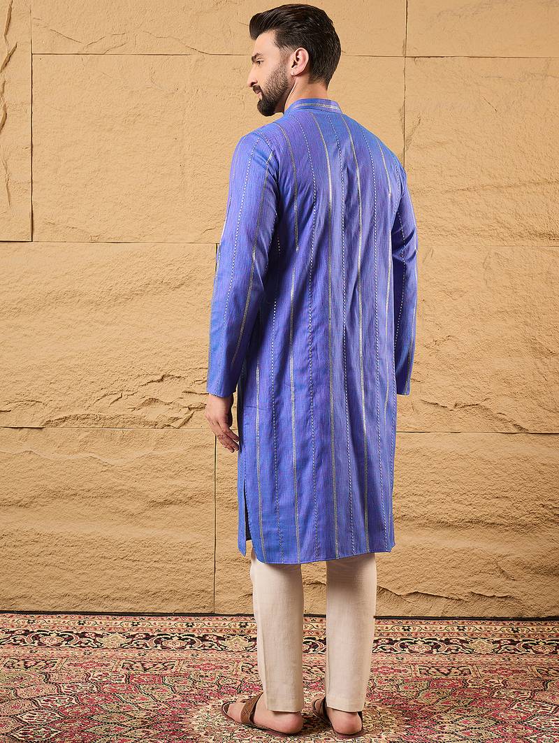Men blue cotton solid embroidered straight kurta