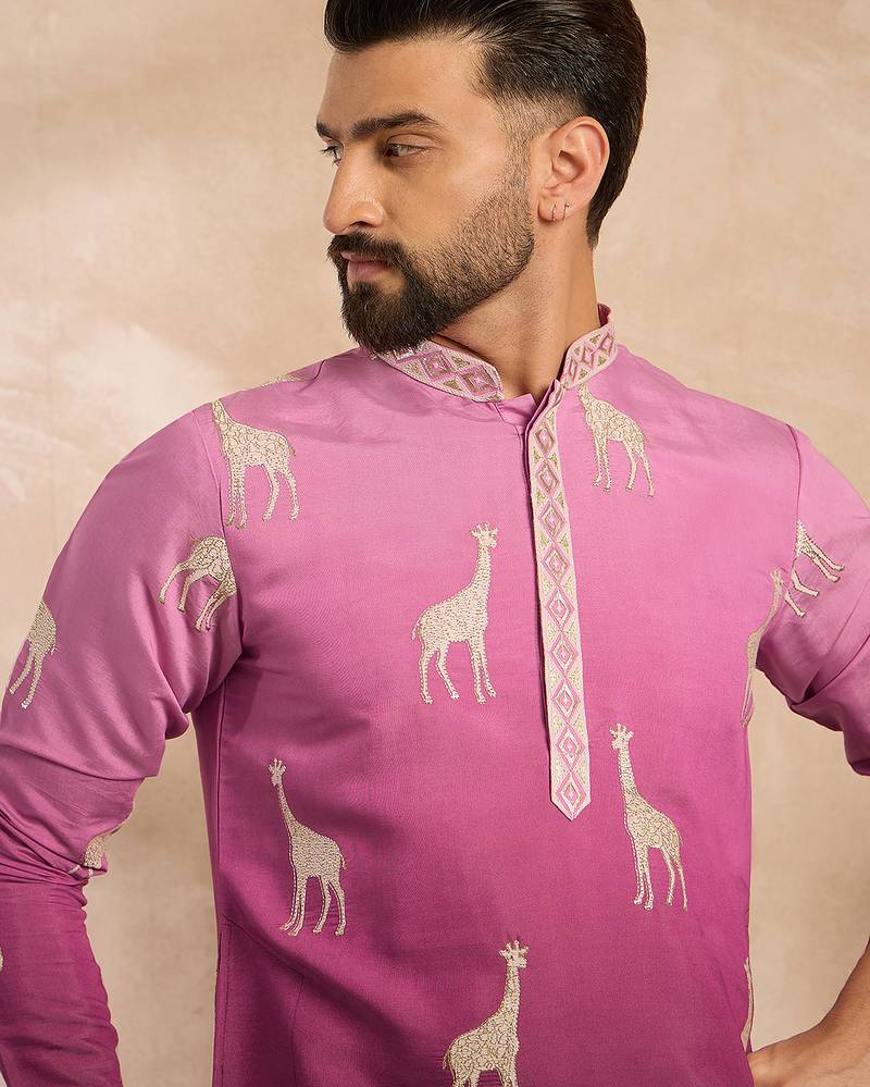 Men purple silk blend ombre embroidered straight kurta sets