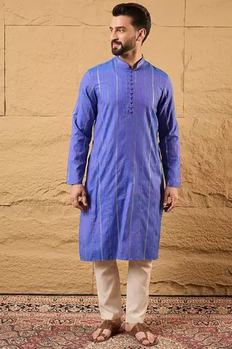 Men blue cotton solid embroidered straight kurta