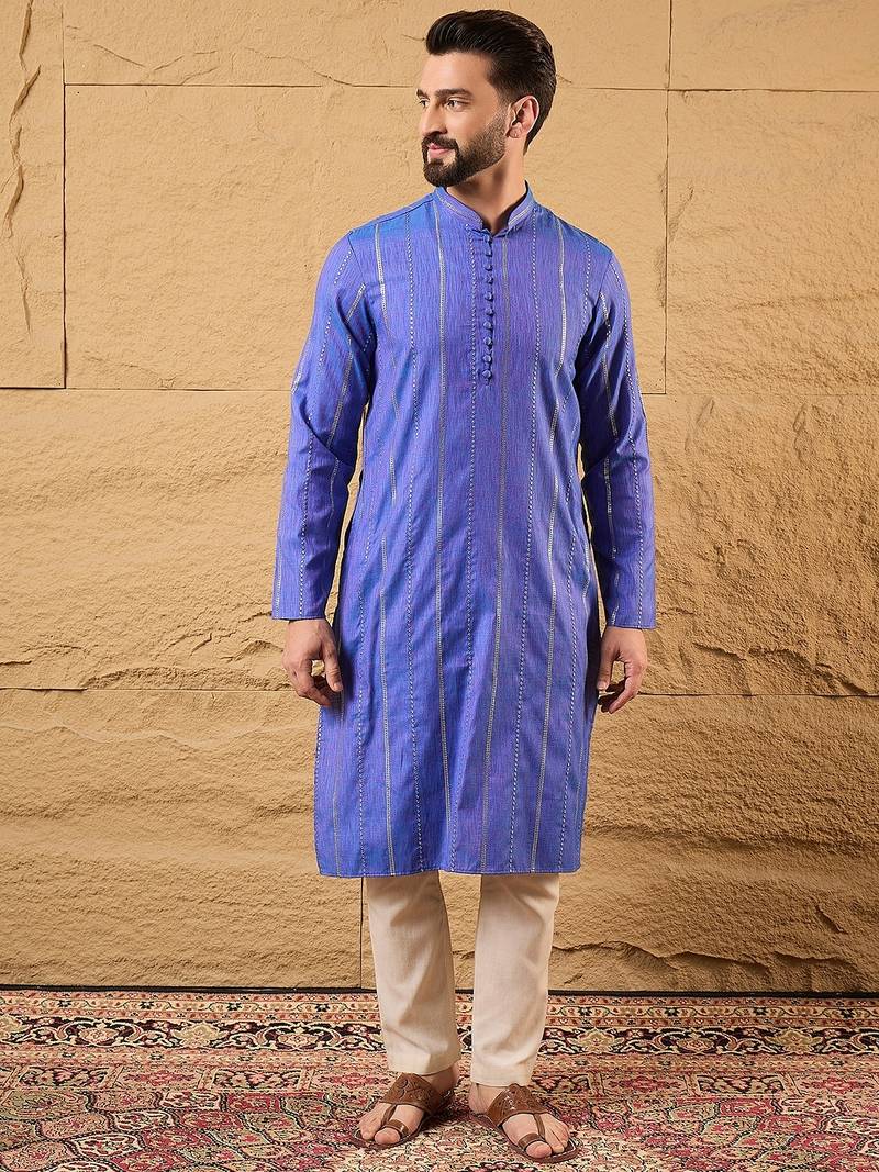 Men blue cotton solid embroidered straight kurta