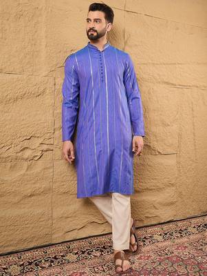 Men blue cotton solid embroidered straight kurta 5