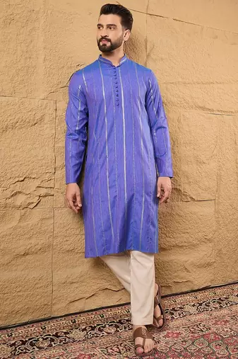 Men blue cotton solid embroidered straight kurta