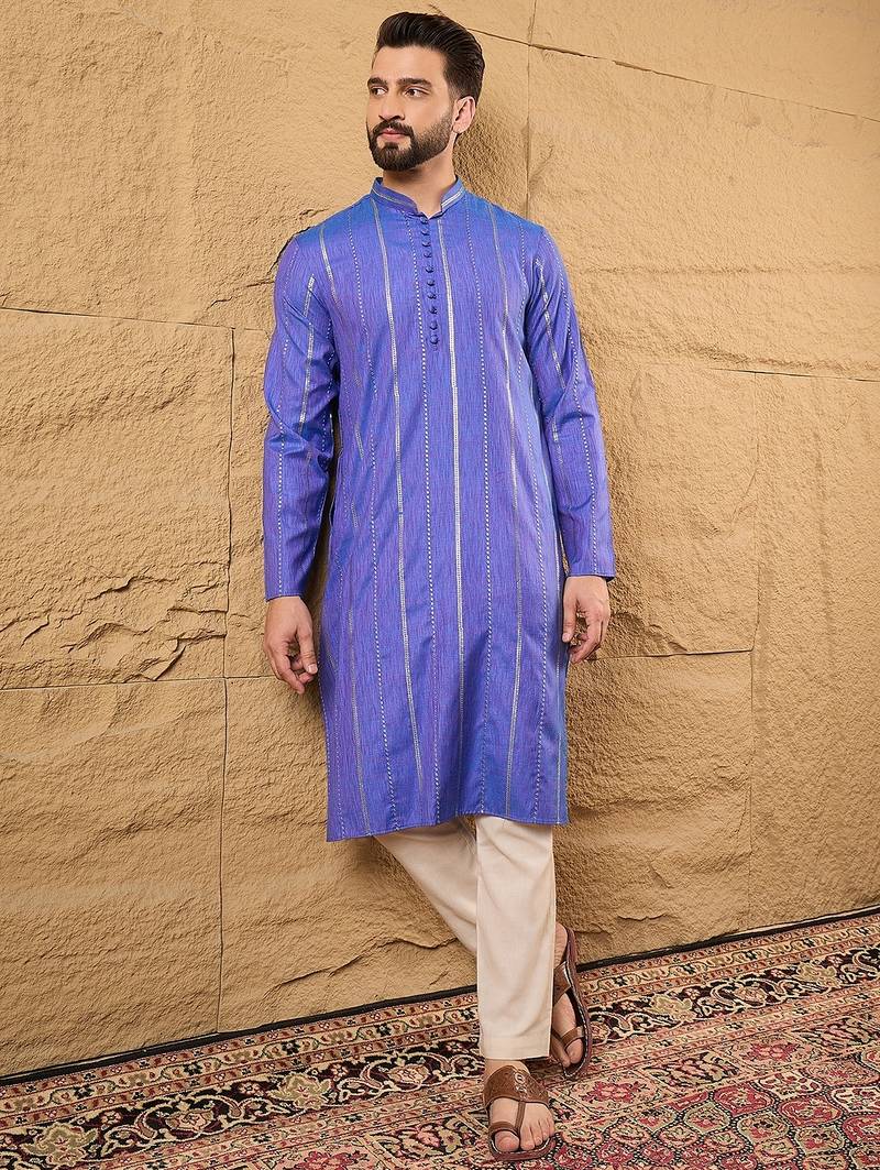 Men blue cotton solid embroidered straight kurta