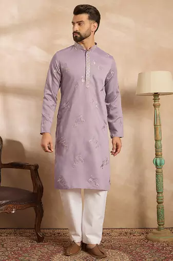 Men lavender silk blend solid embroidered straight kurta sets