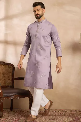 Men lavender silk blend solid embroidered straight kurta sets