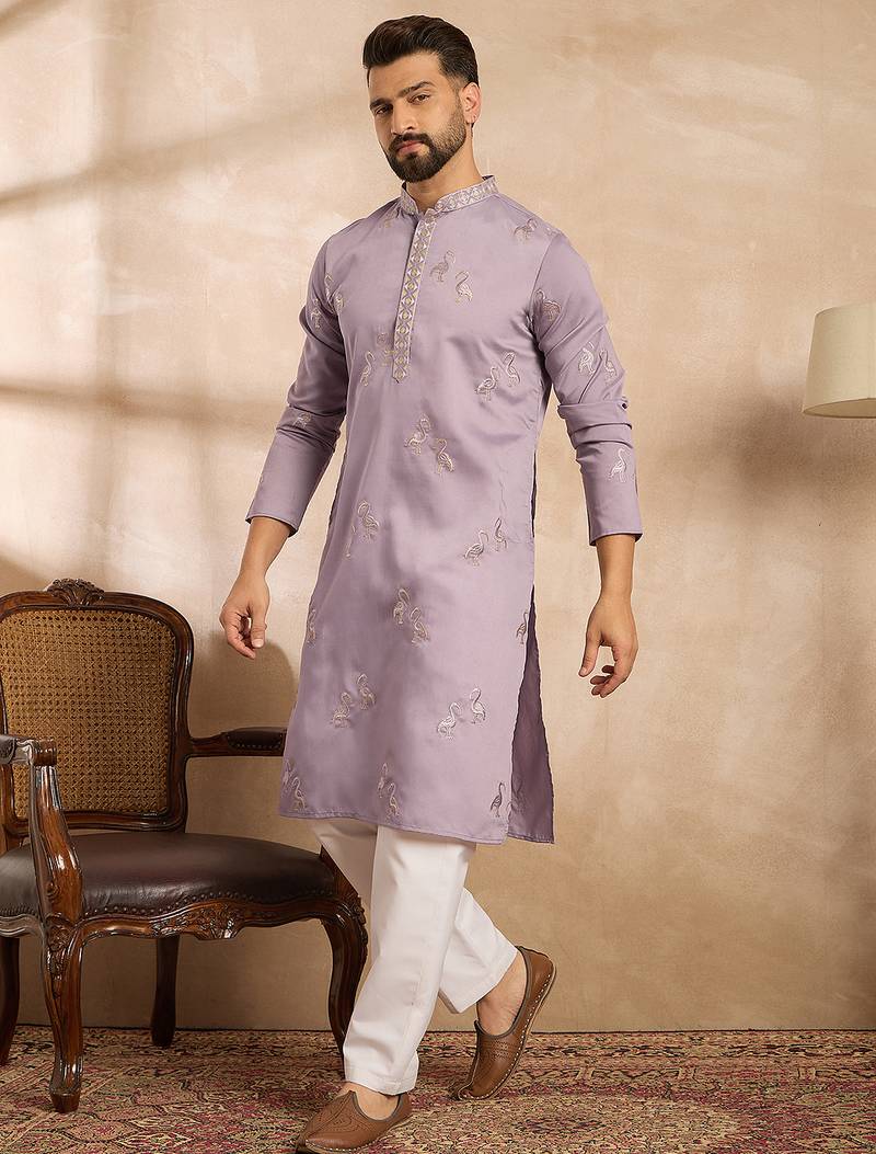 Men lavender silk blend solid embroidered straight kurta sets