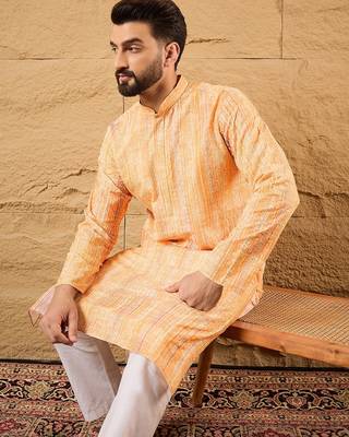 Men orange viscose rayon abstract embroidered straight kurta 1