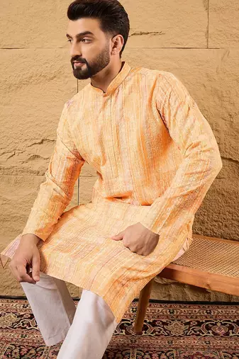 Men orange viscose rayon abstract embroidered straight kurta