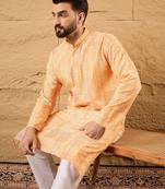 Men orange viscose rayon abstract embroidered straight kurta