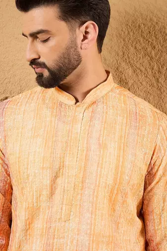 Men orange viscose rayon abstract embroidered straight kurta