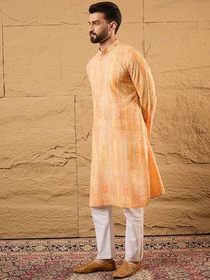 Men orange viscose rayon abstract embroidered straight kurta 3