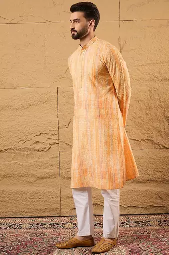 Men orange viscose rayon abstract embroidered straight kurta
