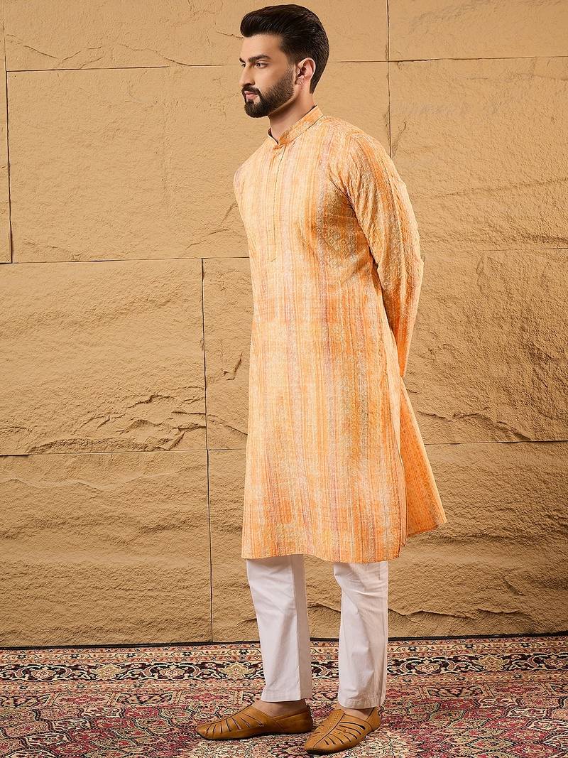 Men orange viscose rayon abstract embroidered straight kurta
