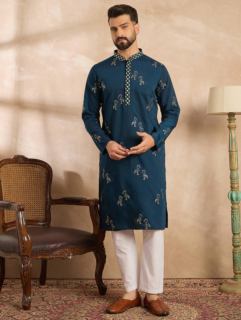Men navy blue silk blend solid embroidered straight kurta sets