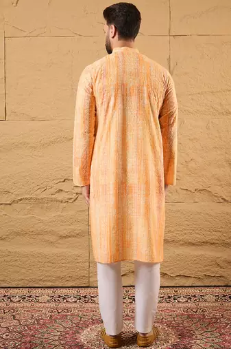 Men orange viscose rayon abstract embroidered straight kurta