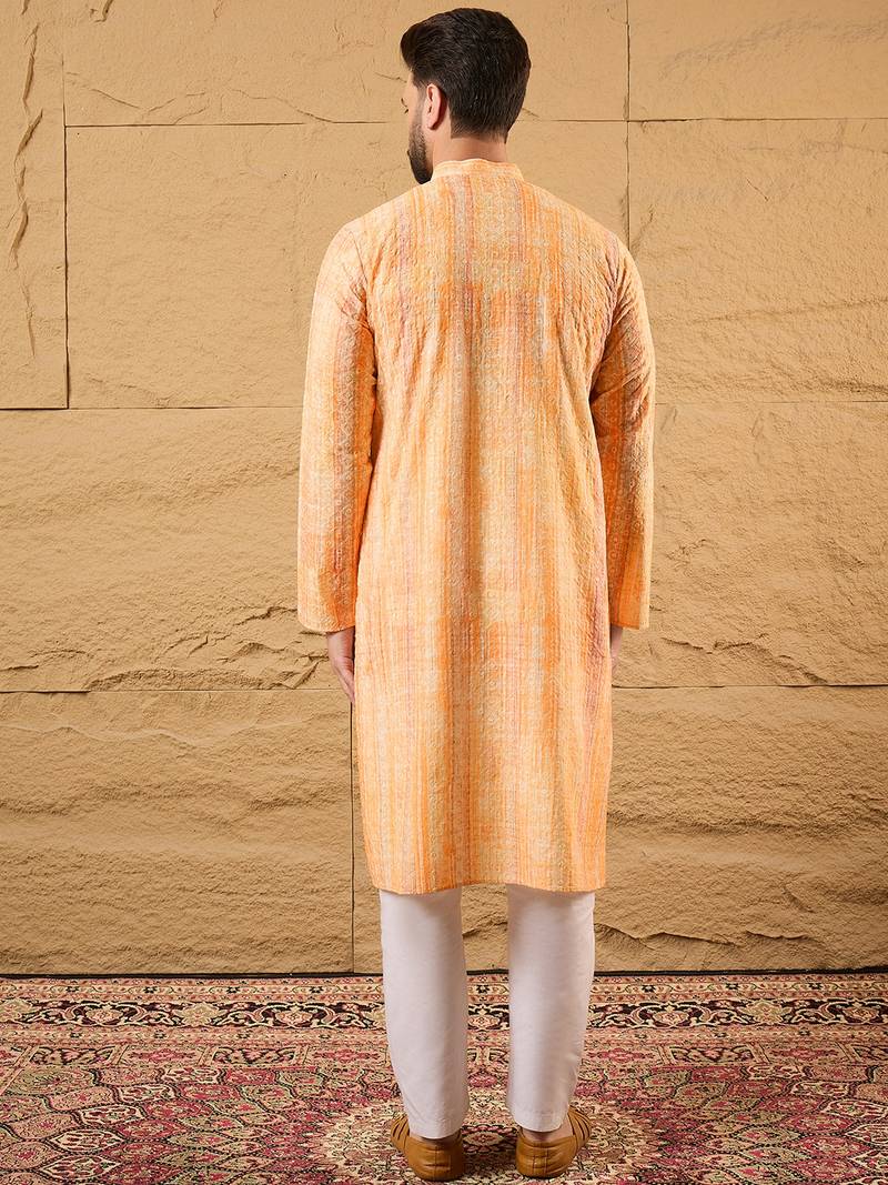 Men orange viscose rayon abstract embroidered straight kurta