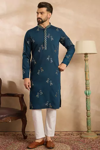 Men navy blue silk blend solid embroidered straight kurta sets