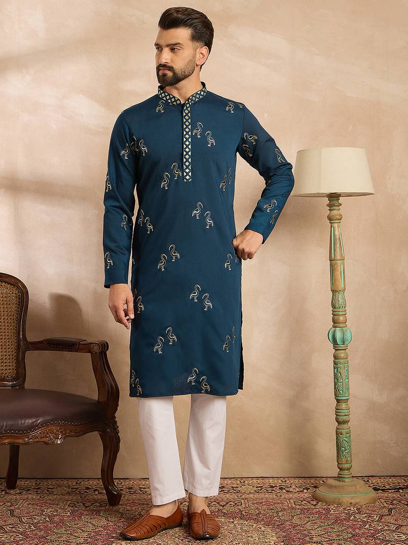 Men navy blue silk blend solid embroidered straight kurta sets