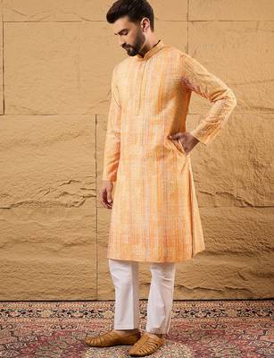 Men orange viscose rayon abstract embroidered straight kurta 5