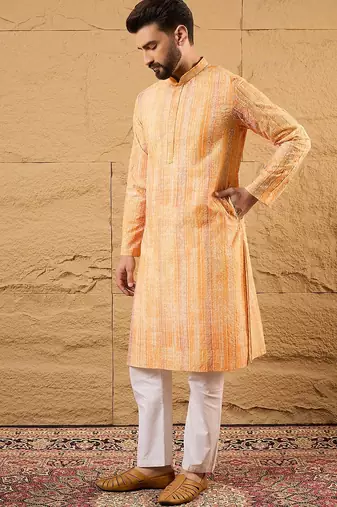 Men orange viscose rayon abstract embroidered straight kurta