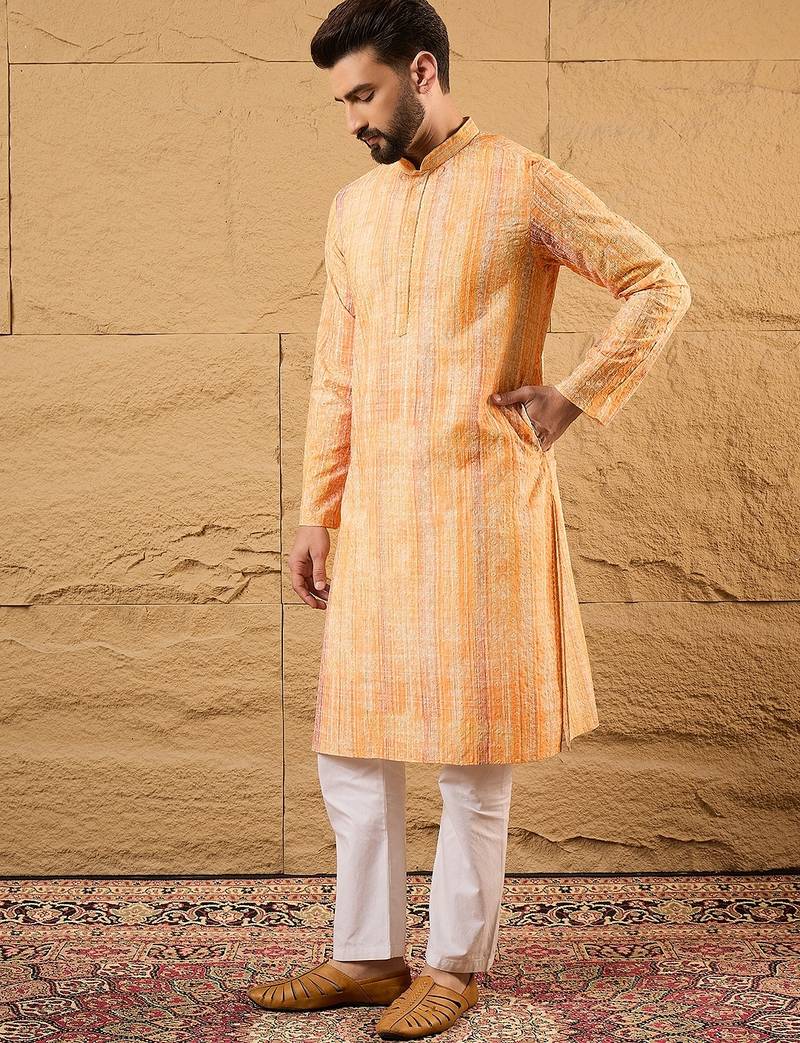 Men orange viscose rayon abstract embroidered straight kurta