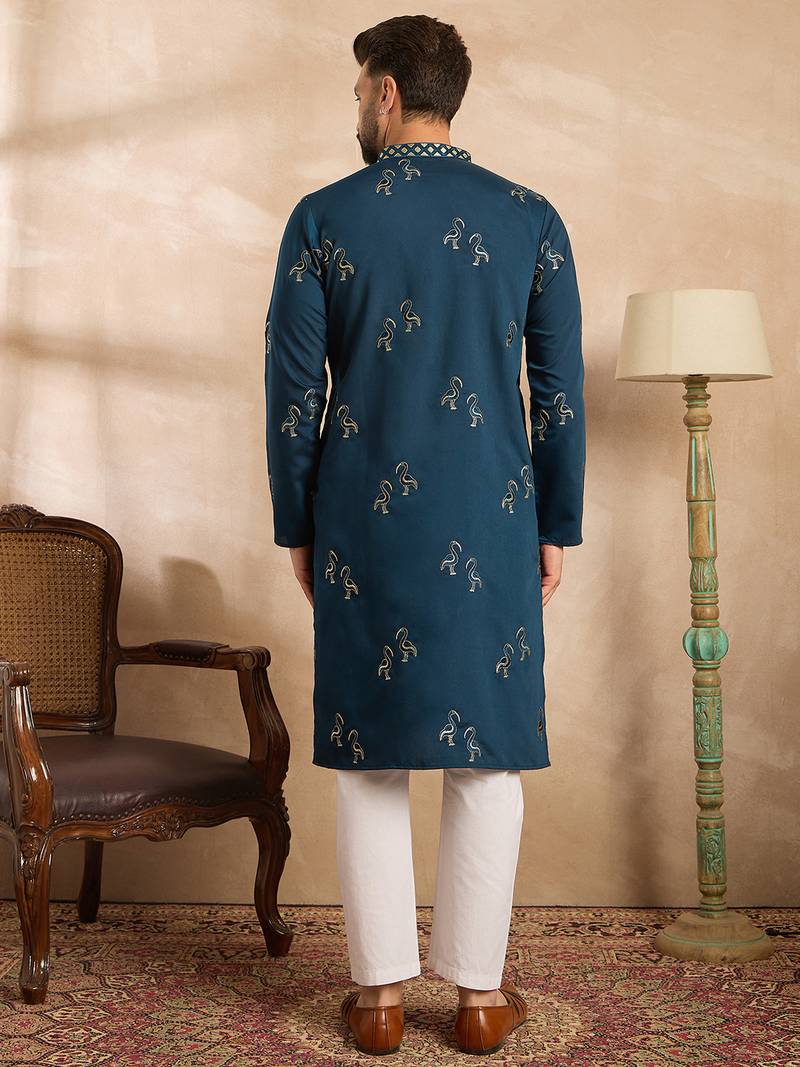 Men navy blue silk blend solid embroidered straight kurta sets