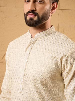 Men off white silk blend solid embroidered straight kurta 2
