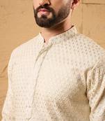Men off white silk blend solid embroidered straight kurta
