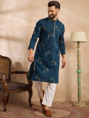 Men navy blue silk blend solid embroidered straight kurta sets 5