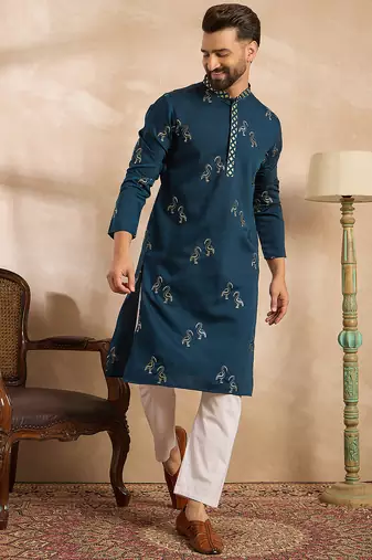 Men navy blue silk blend solid embroidered straight kurta sets