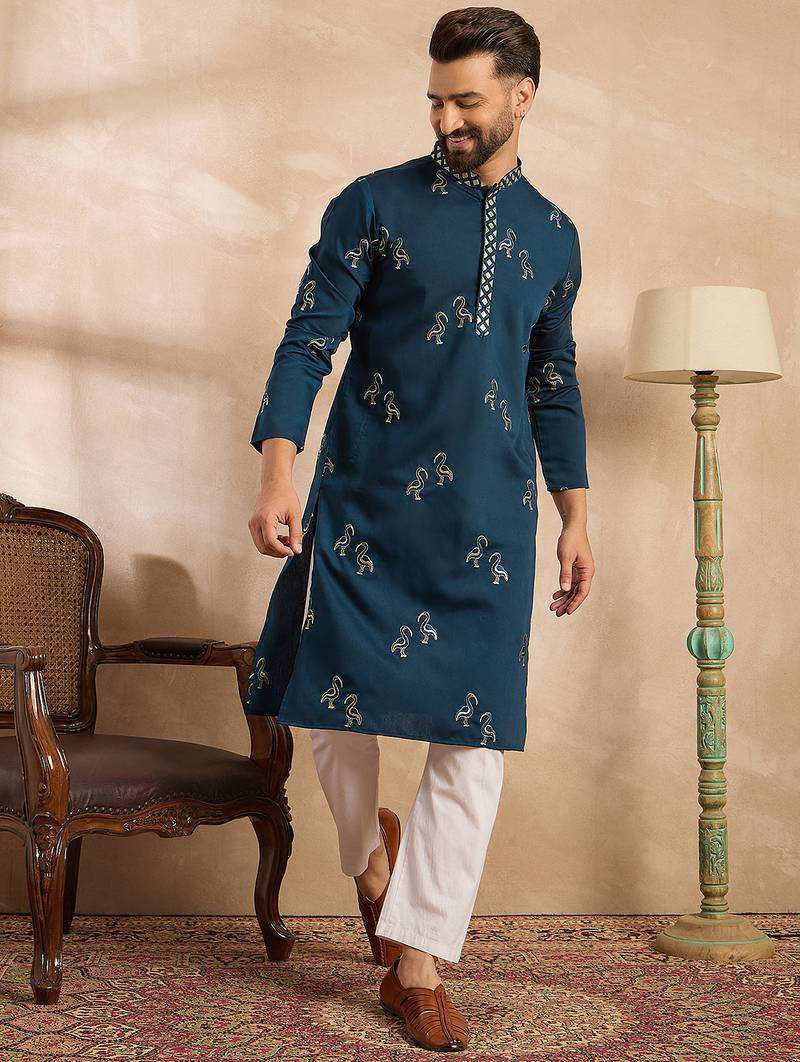 Men navy blue silk blend solid embroidered straight kurta sets