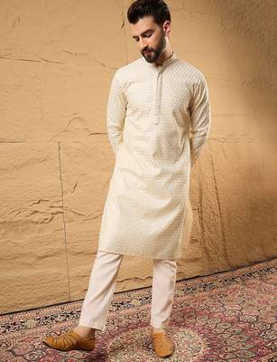 Men off white silk blend solid embroidered straight kurta 1