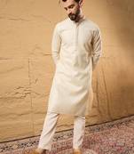 Men off white silk blend solid embroidered straight kurta