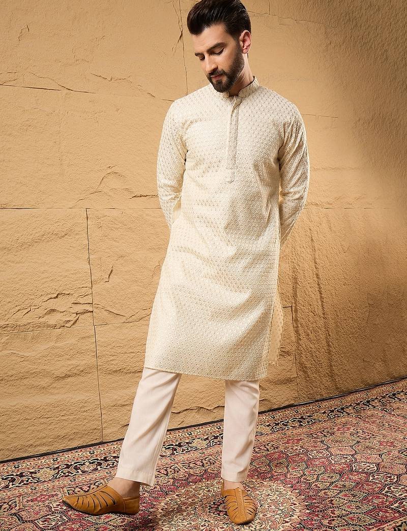 Men off white silk blend solid embroidered straight kurta
