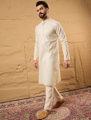 Men off white silk blend solid embroidered straight kurta 3