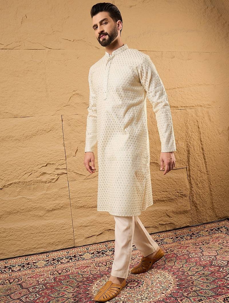 Men off white silk blend solid embroidered straight kurta