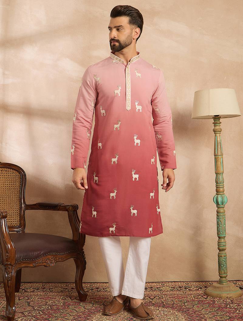 Men red silk blend ombre embroidered straight kurta sets