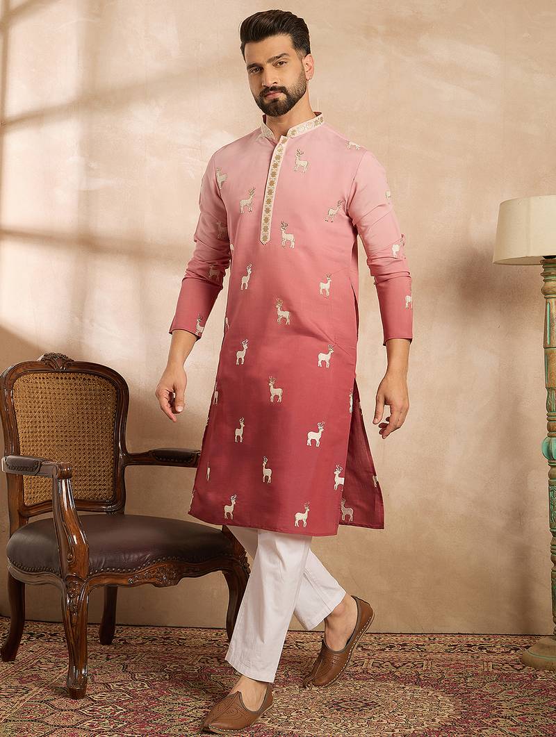 Men red silk blend ombre embroidered straight kurta sets