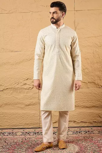 Men off white silk blend solid embroidered straight kurta