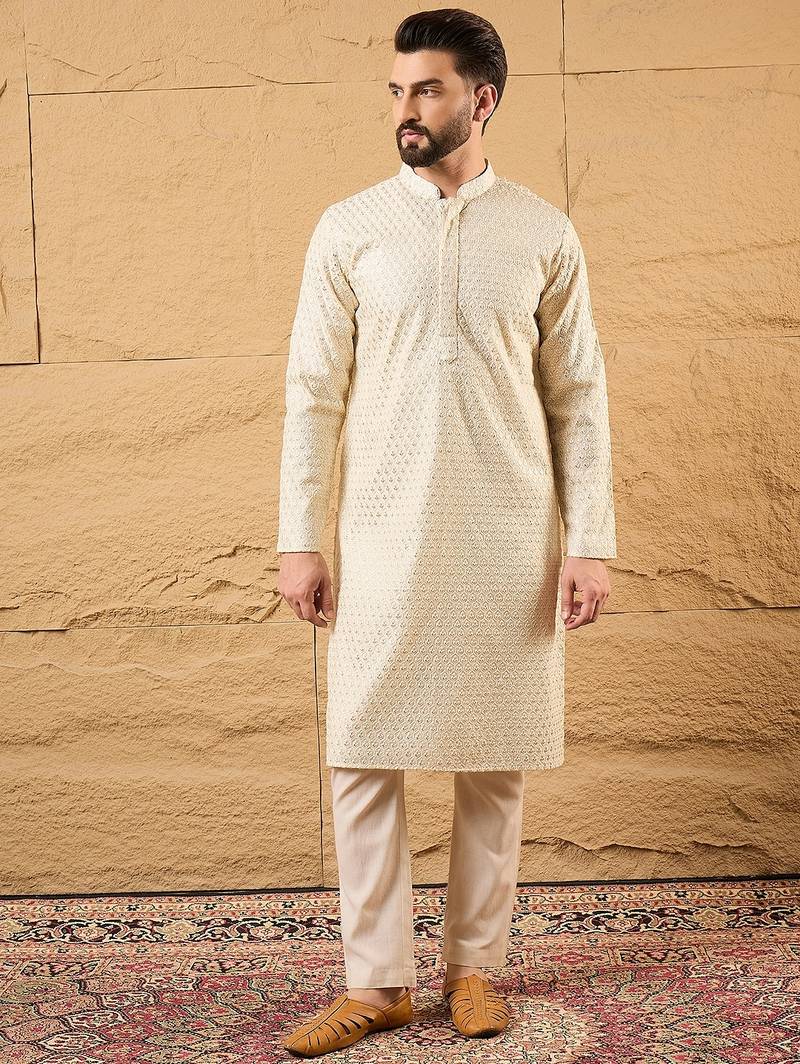 Men off white silk blend solid embroidered straight kurta