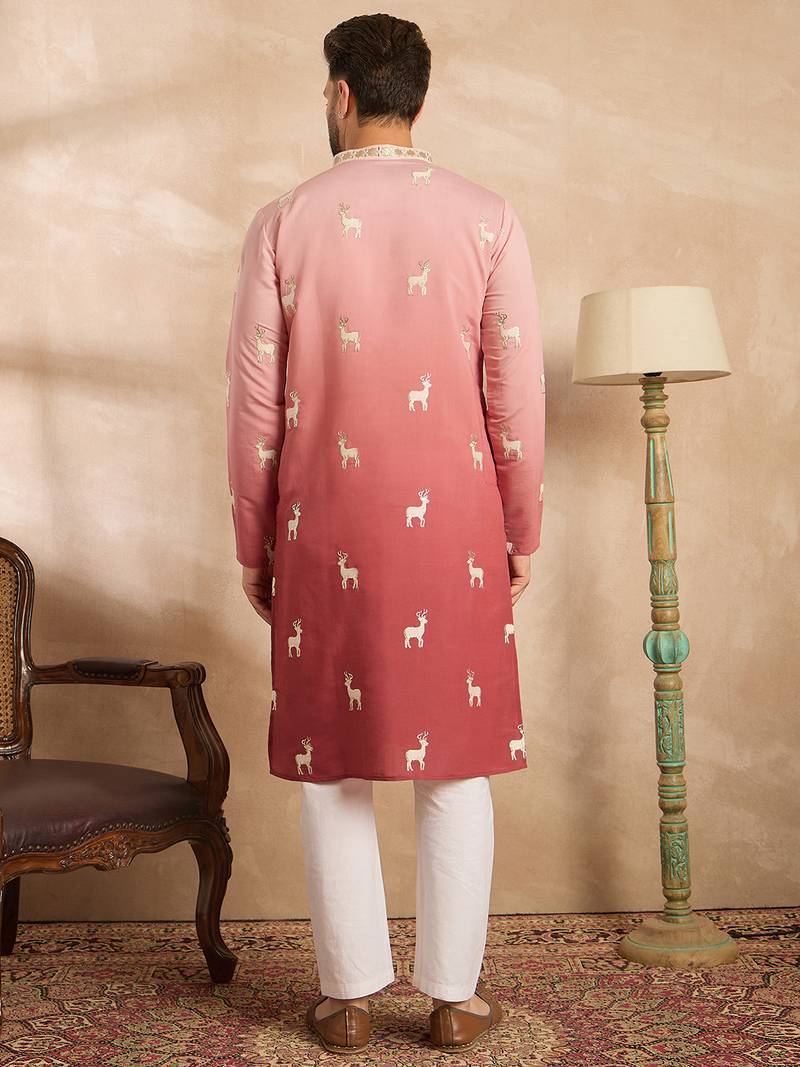 Men red silk blend ombre embroidered straight kurta sets