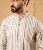 Men pink silk blend solid embroidered straight kurta