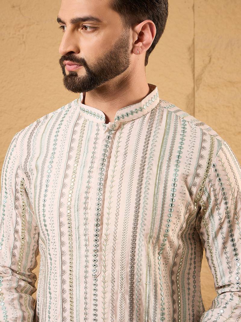 Men pink silk blend solid embroidered straight kurta
