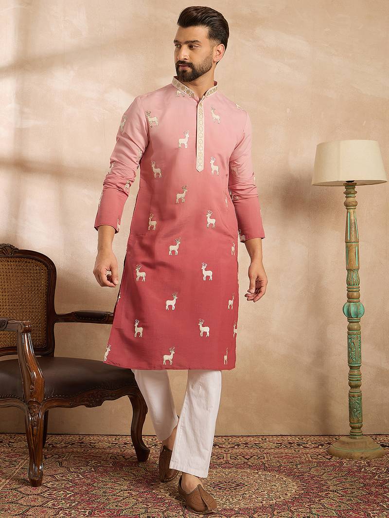 Men red silk blend ombre embroidered straight kurta sets